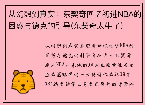 从幻想到真实：东契奇回忆初进NBA的困惑与德克的引导(东契奇太牛了)