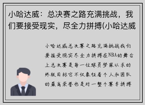 小哈达威：总决赛之路充满挑战，我们要接受现实，尽全力拼搏(小哈达威集锦)