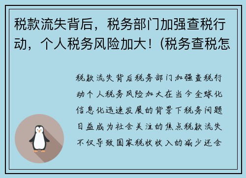 税款流失背后，税务部门加强查税行动，个人税务风险加大！(税务查税怎么处理)