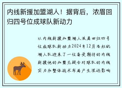 内线新援加盟湖人！据背后，浓眉回归四号位成球队新动力